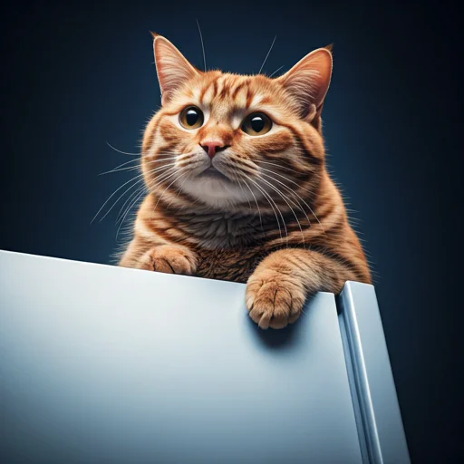 ginger cat looking down victoriously from the top of a refrigerator