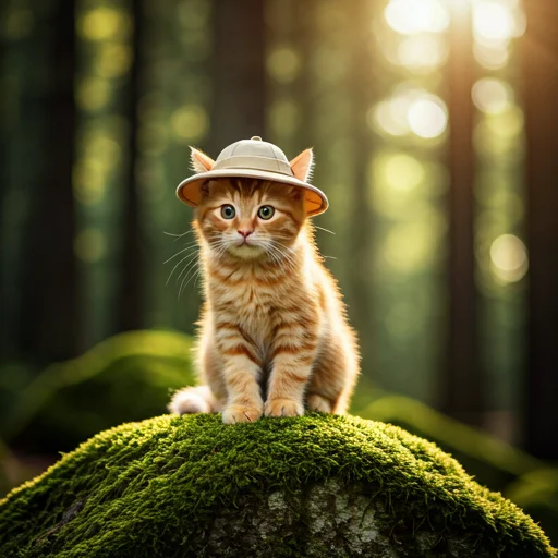 adventurous ginger cat wearing an explorer hat on a mossy rock