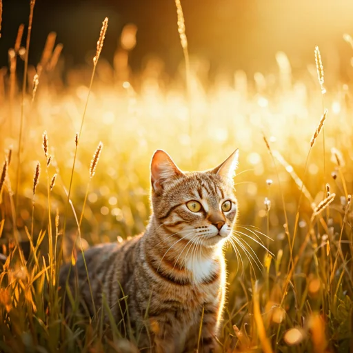 cat exploring tall grass in a golden summer meadow